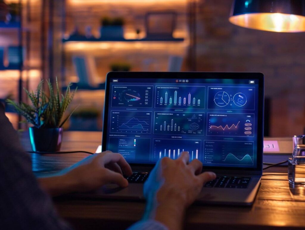 Close-up of a professional's hands using a laptop with an analytics dashboard, symbolising remote management of business operations.